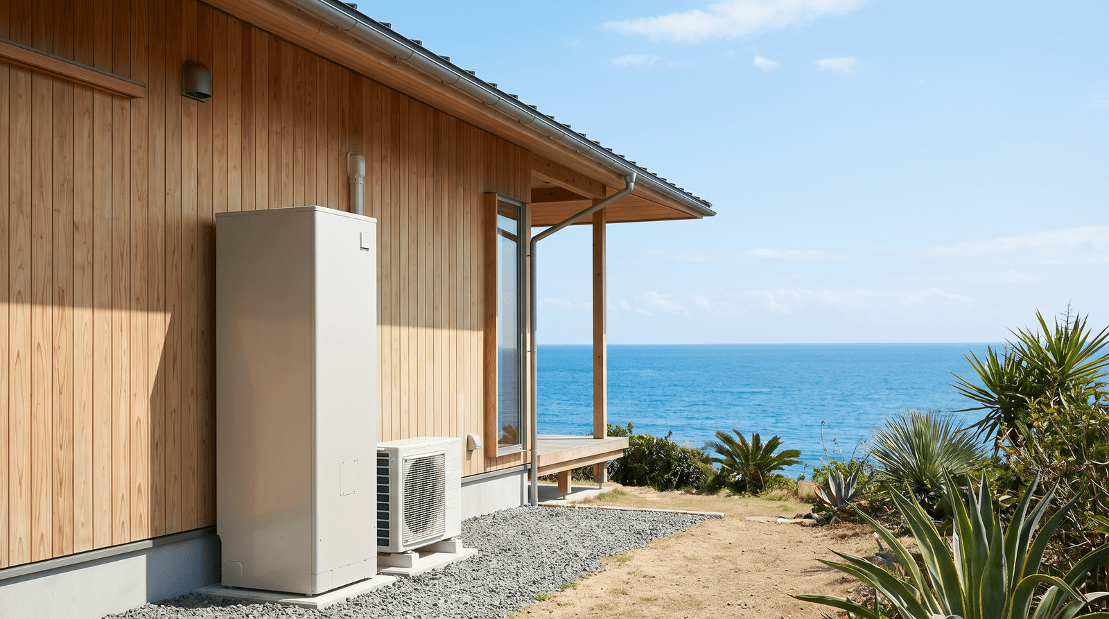 海沿いの家とエコキュートのイメージ